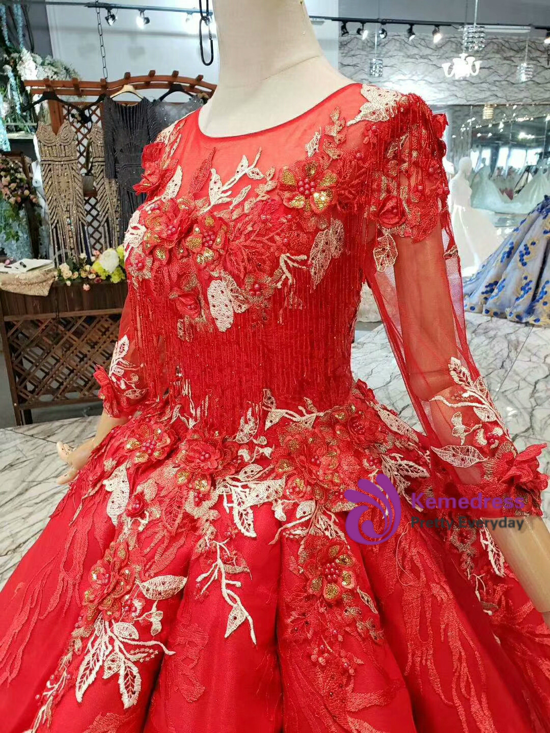 Satin Strapless Ball Gown Classic Beaded Appliqued Dress Red main image 1