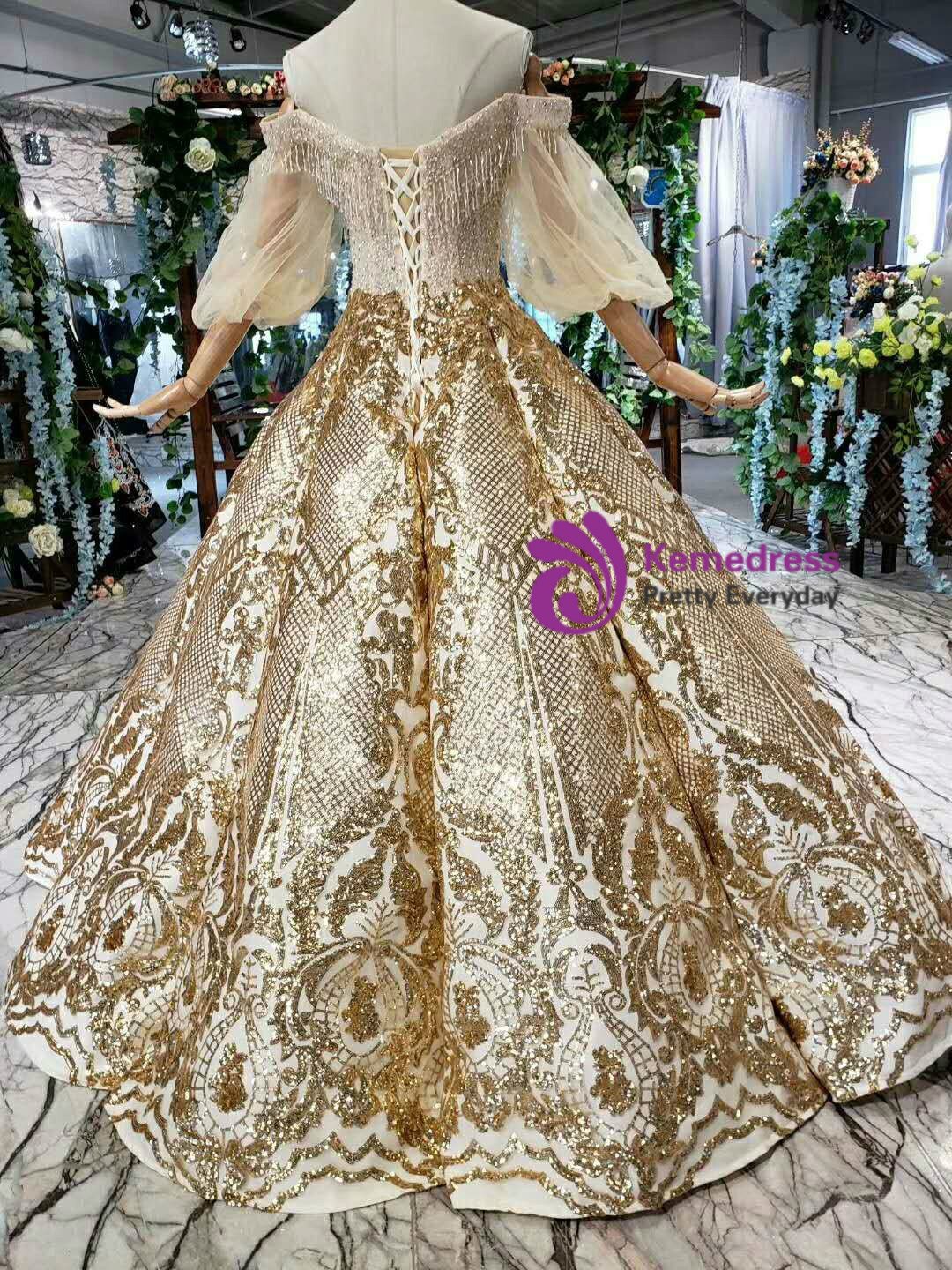 Country Style Gold Sequins Top Short Wedding Dress with 1/2 Sleeves main image 0