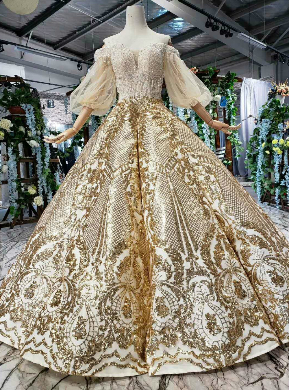 Glittery Champagne Gold Wedding Dress with Off the Shoulder main image 0