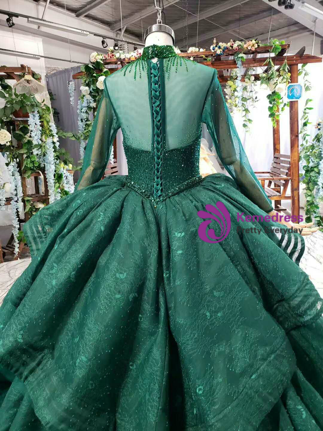 2020 Green Ball Gown High Neck Long Sleeve Lace Luxury Wedding Dress ...