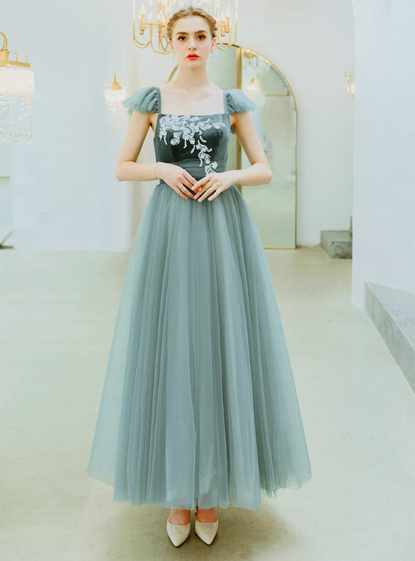 Pretty Light Green Square Neck Tulle Beaded Prom Dress A Line Evening Dress Y8612