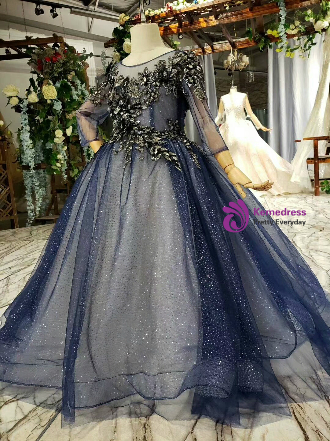 Valley Navy Blue Gown with Sleeves and Floral Appliques