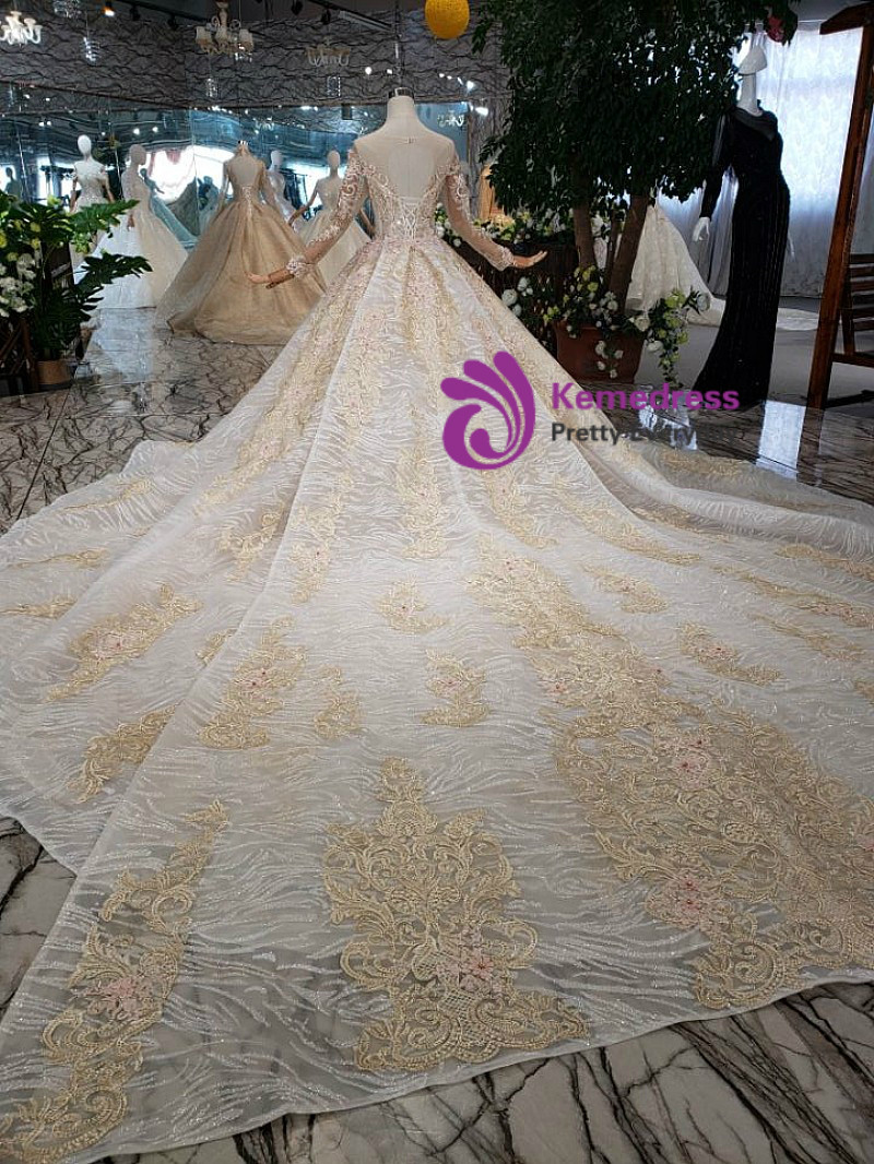 Champagne Long Sleeve Appliques Backless Beading Luxury Wedding Dress