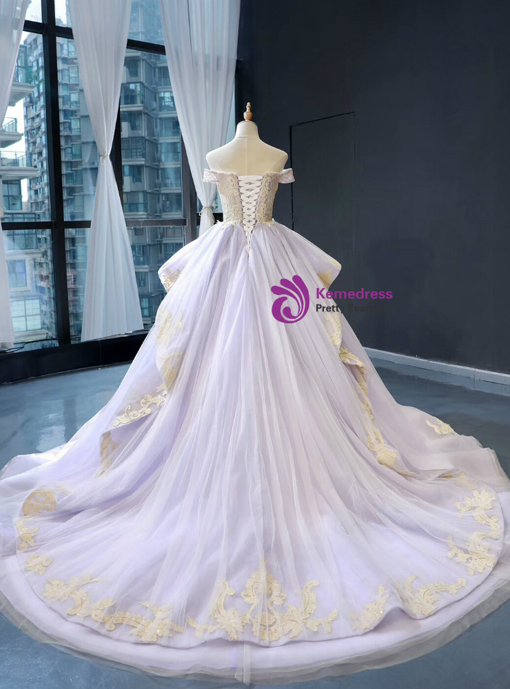Purple Off the Shoulder Long Ball Dress with Appliques