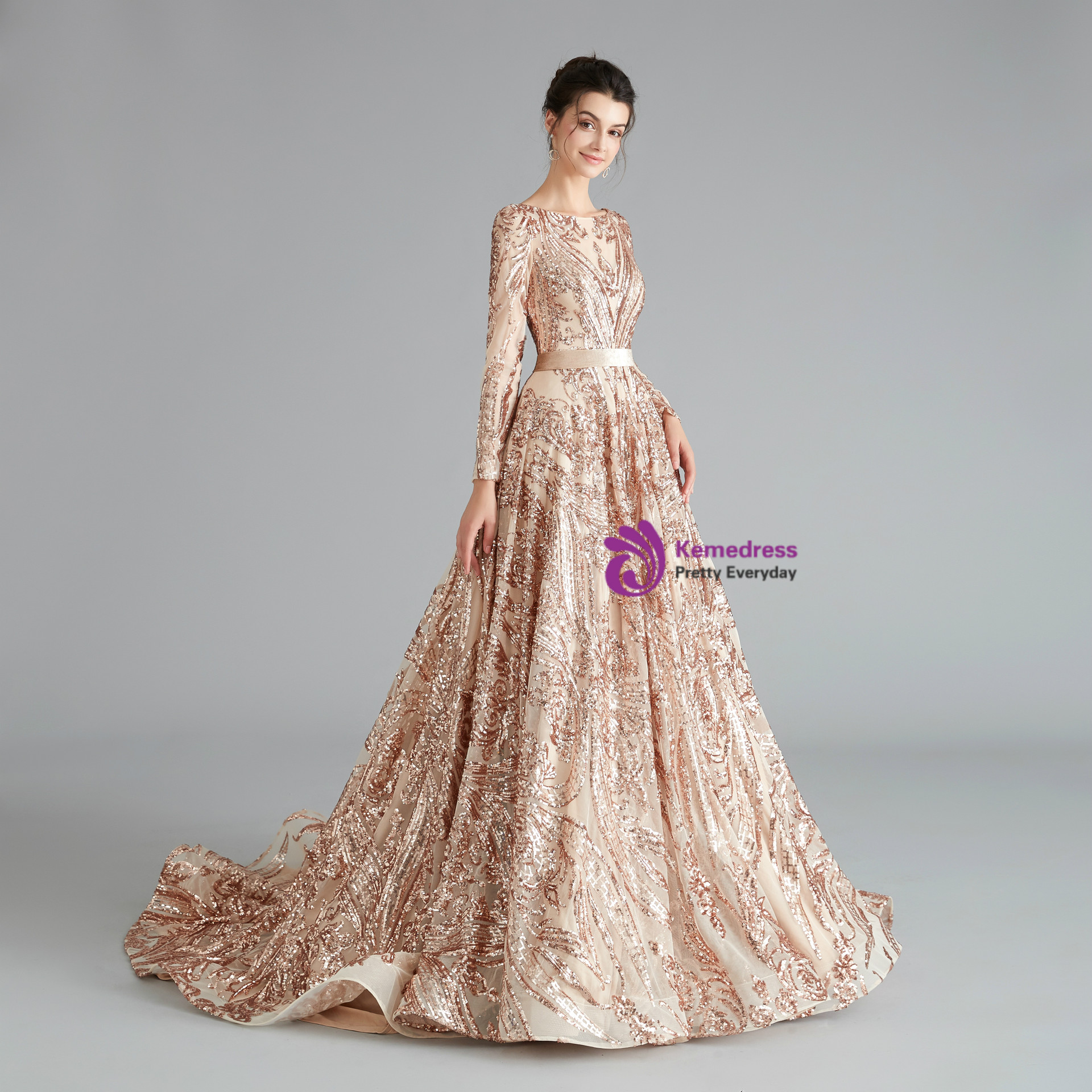 Gorgeous Champagne Gold High-slit Strapless Beaded Sequined Prom Dress Evening Dress cc4947
