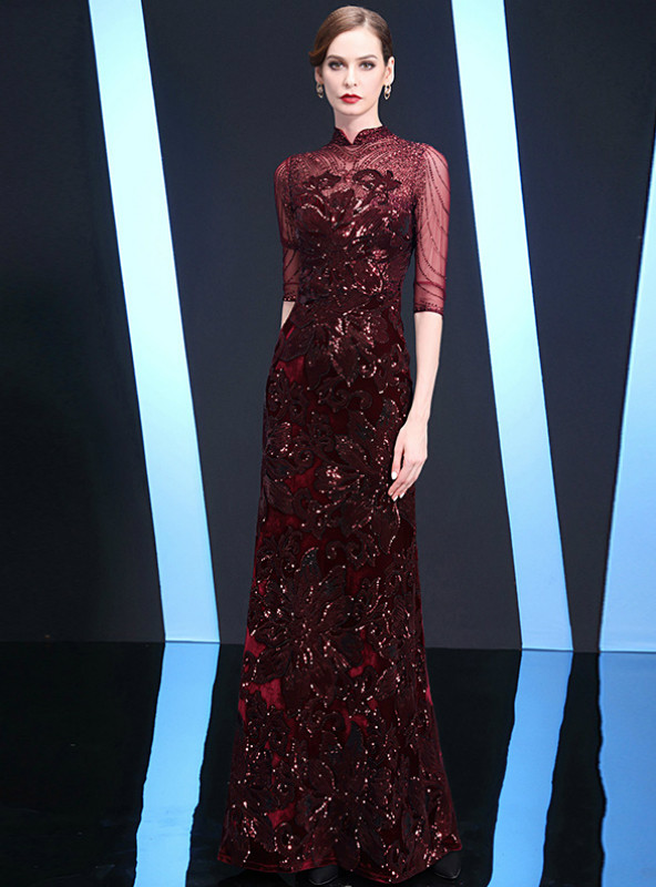 9273 Burgundy Sequined Sheath Dress