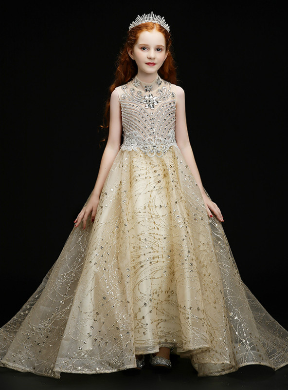 Champagne A-Line Flower Girl Dress with Fabric Flowers and Bow