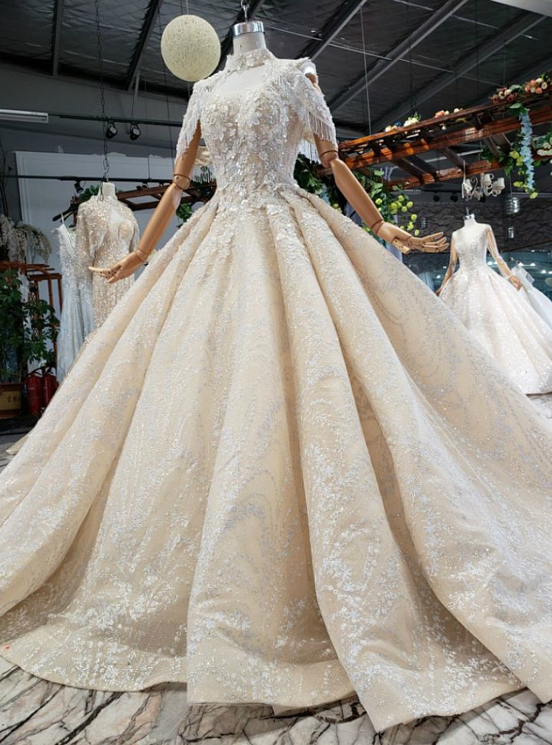 Champagne V-Neck Backless Tulle Wedding Dress with Lace