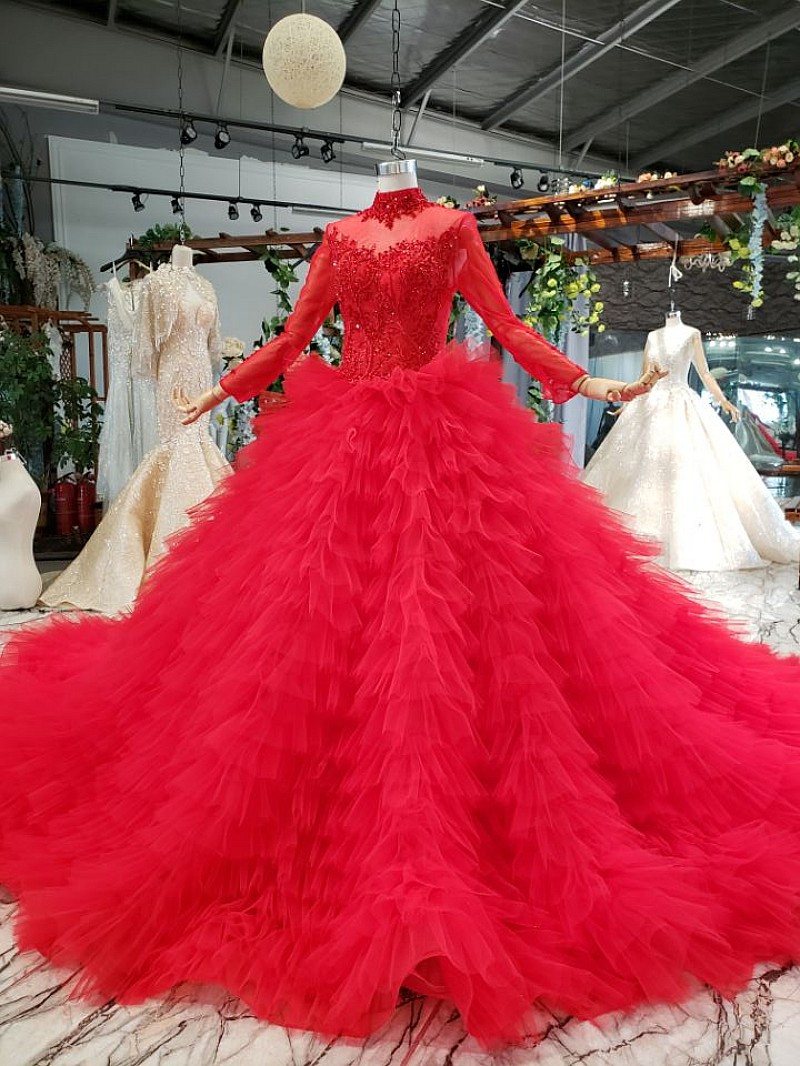 Prom Season Red Ball Gown Tulle Long Sleeve Beading Tiers Wedding Dress With Long Train main image 1