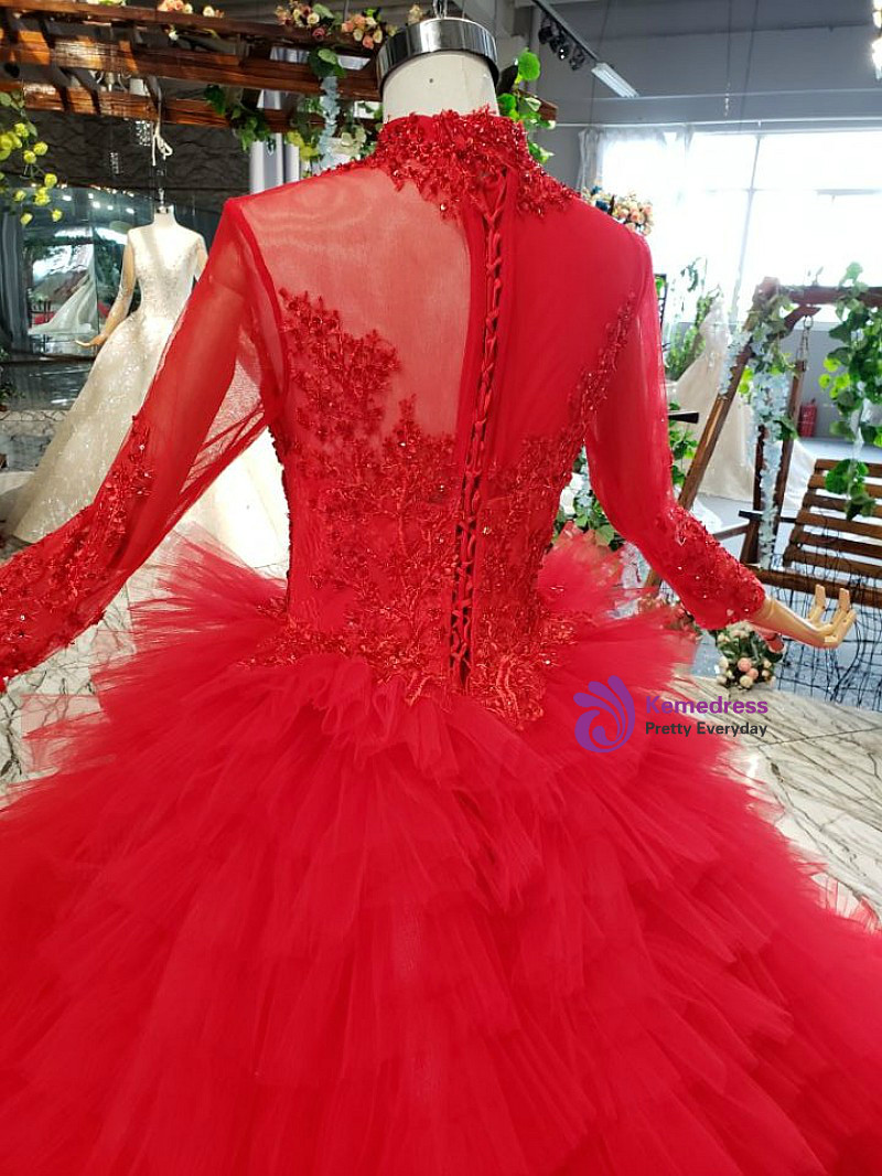 Red Tulle V-neck Long Sleeve Appliques Beading Wedding Dress Ball Gown Y53