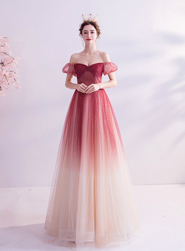 Burgundy Off The Shoulder Sequins Tulle Prom Dress LBQ1625 main image 1