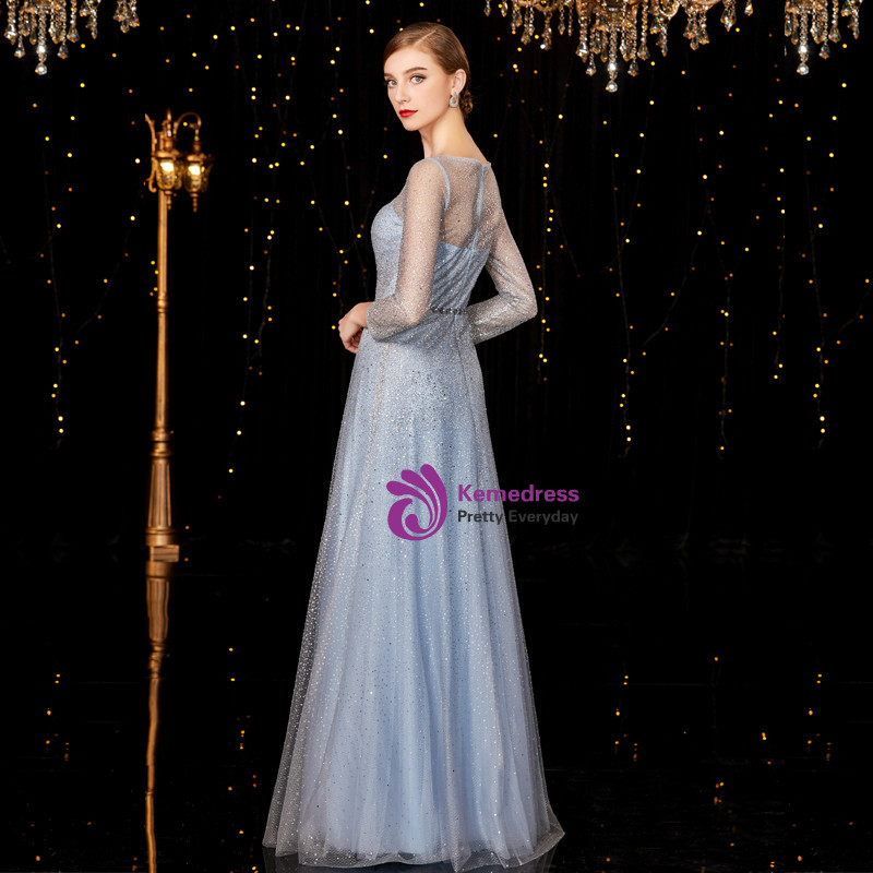 Grey Blue A Line Long Mother of Bride Dress with Appliques