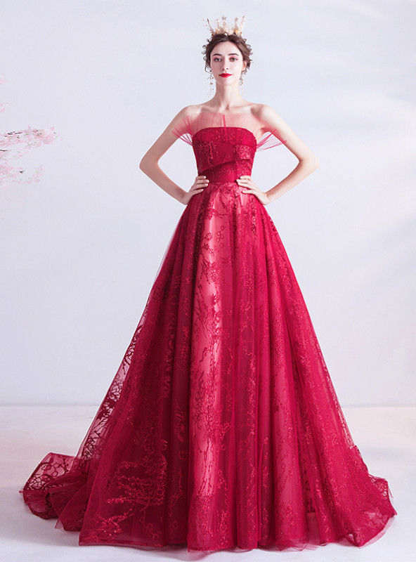 Red Tulle Sleeved Ballgown Prom Dress