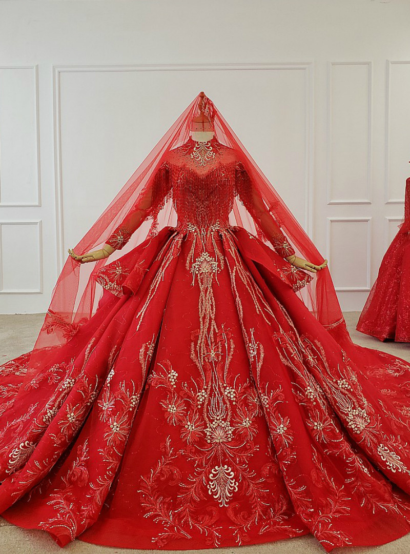 Red Tulle V-neck Long Sleeve Appliques Beading Wedding Dress Ball Gown Y53 main image 1