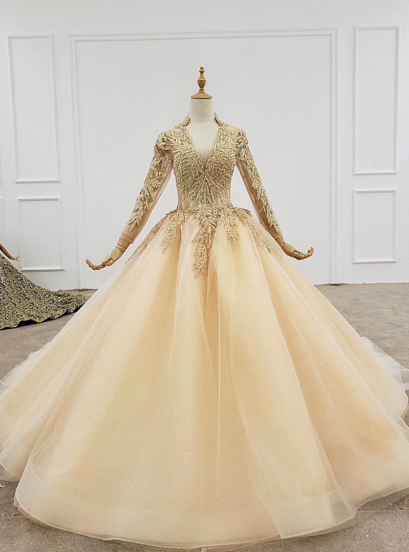 Champagne Ball Gown Off The Shoulder Appliques Wedding Dress main image 1