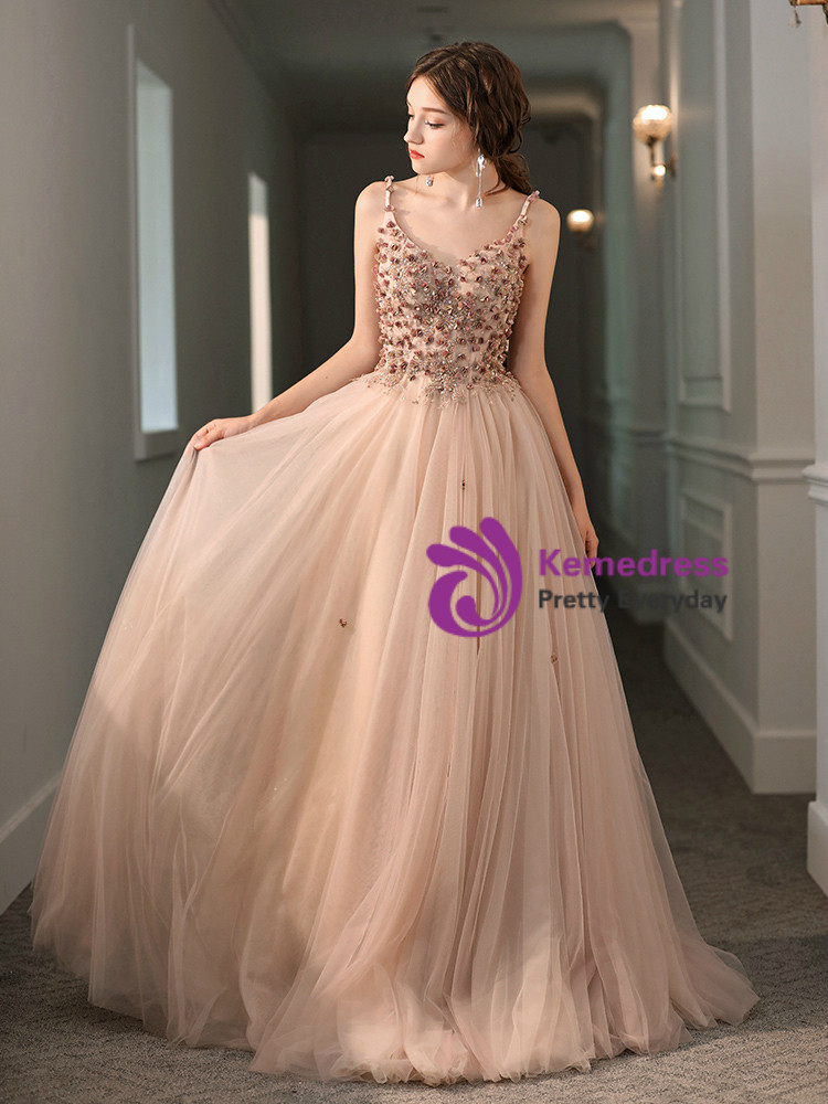 Sweet Pink Chiffon Tulle Appliques Prom Dress,Spaghetti Straps Long Evening Dress Y8327 main image 0