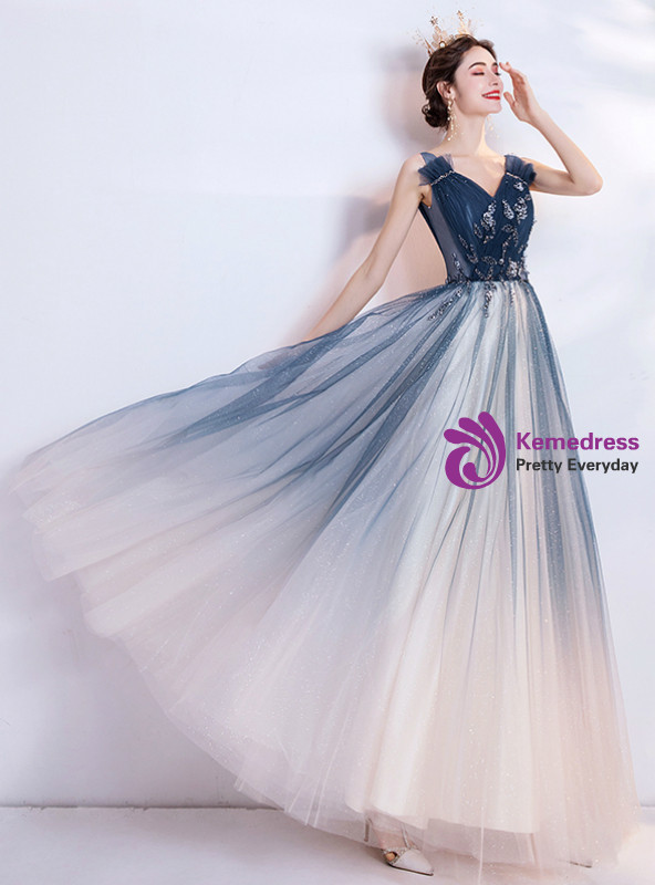 A Line Blue V Neck Tulle Beading Prom Dresses LBQ2458