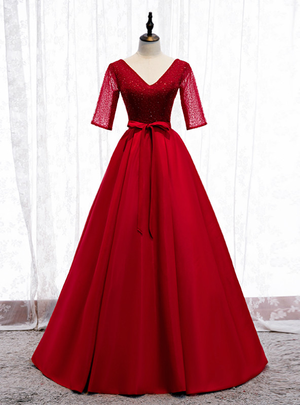 Elegant Short A-line V-neck Satin Burgundy Prom Dress main image 0