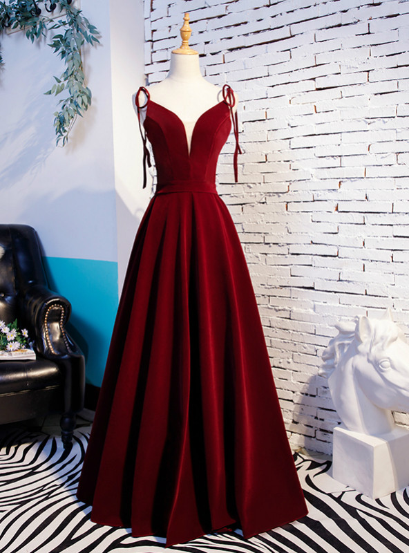 Pleated A-line Spaghetti Straps V-neck Dresses Burgundy