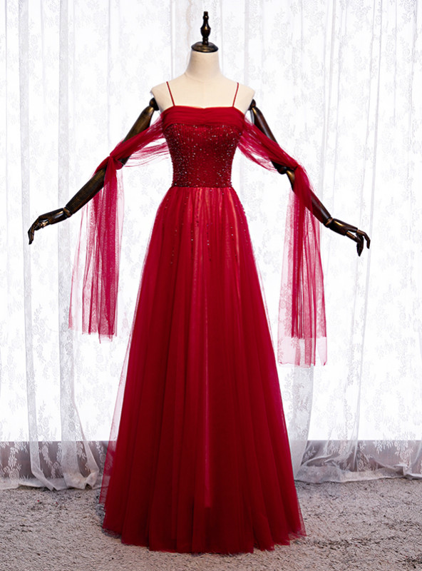 Burgundy Tulle Spaghetti Straps Pearls Homecoming Dress main image 0