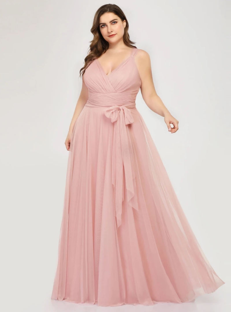 Long Tulle Dress with Convertible Back Design Pearl Pink Plus Size