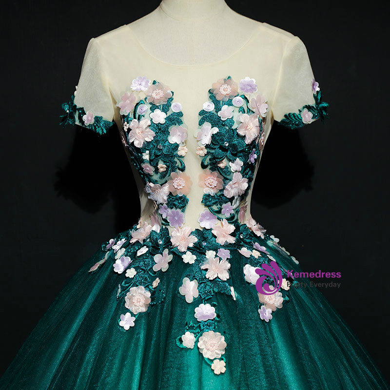 The Cheap Price Green Ball Gown Tulle Off the Shoulder Appliques Quinceanera Dress main image 1