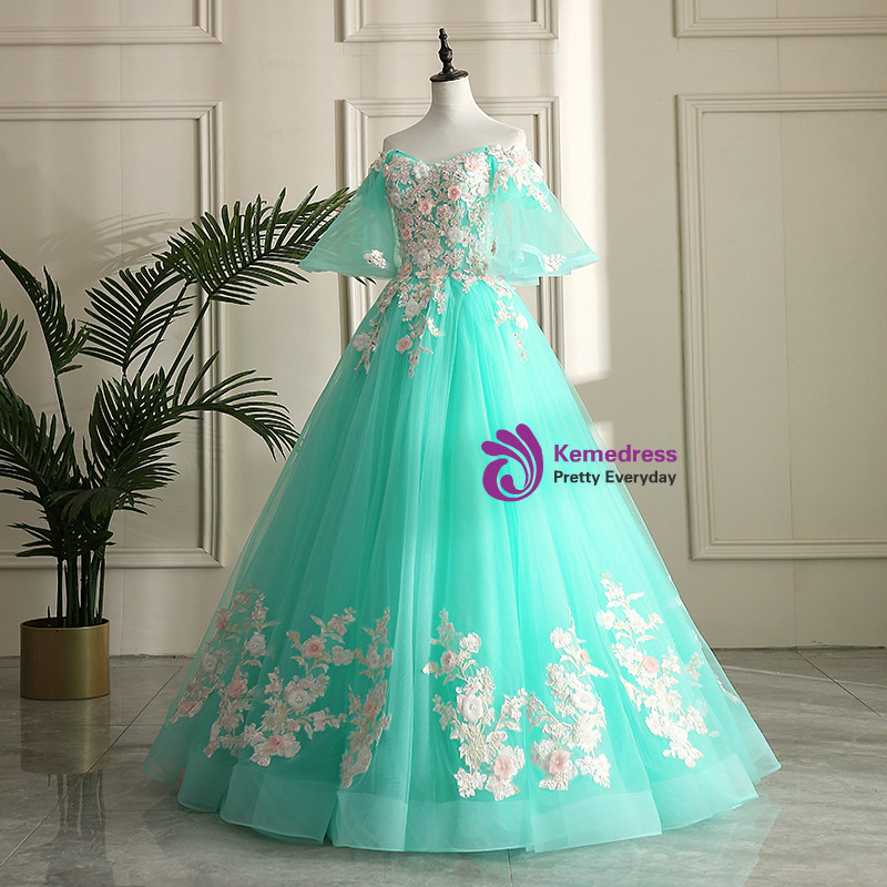 Blue Long Ball Gown Off-the-shoulder Tulle Quinceanera Dress main image 0
