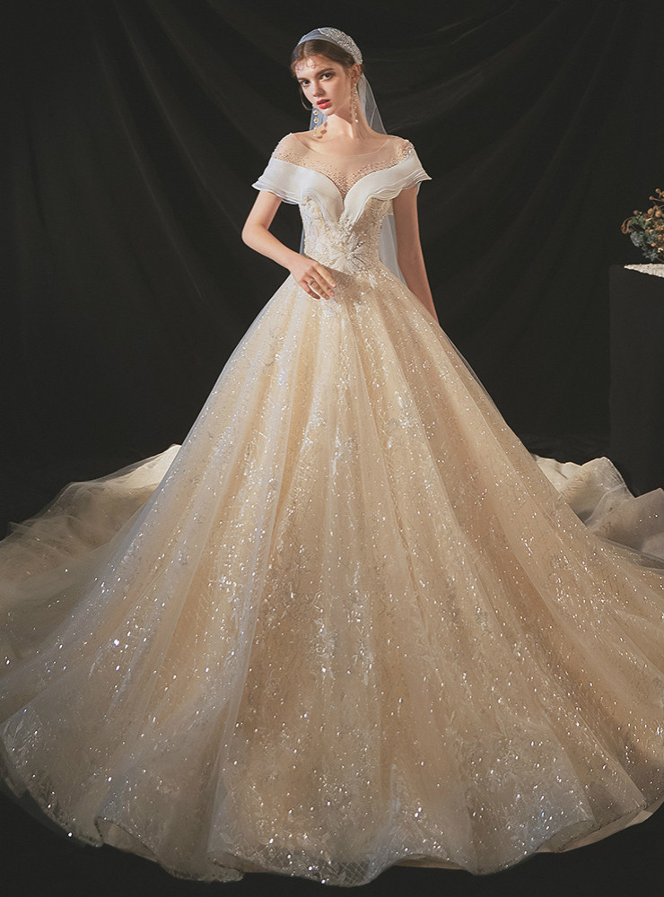 Backless A-line Ruched Tulle Wedding Dress Champagne