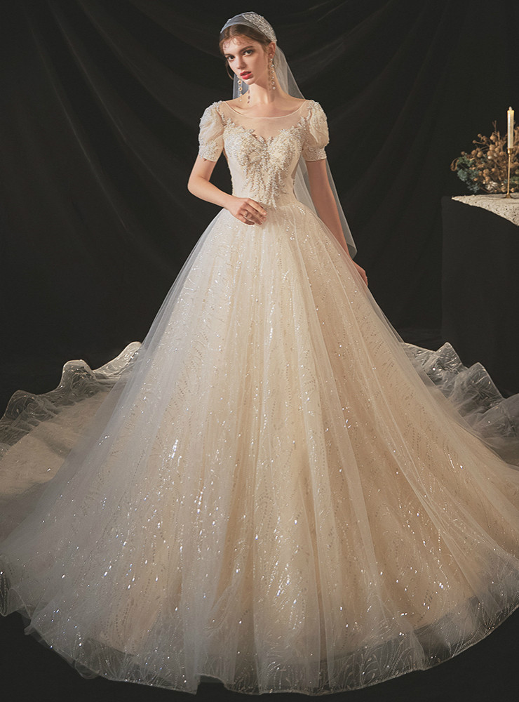 Tulle Sequins Puff Sleeve Backless Beading Wedding Dress