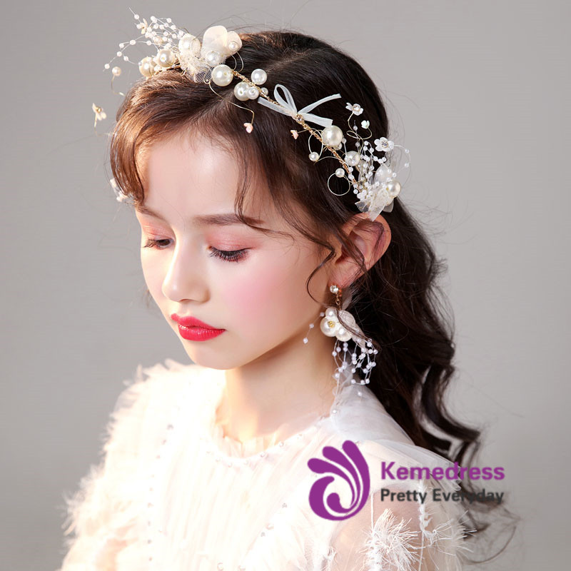 Children's Headdress Hair With Pearl Hair Accessories Earrings Set