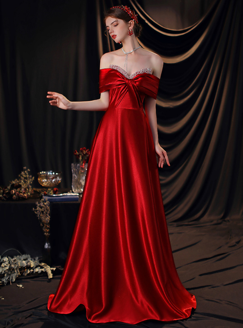 Burgundy Satin Off the Shoulder Pleats Homecoming Dress main image 1