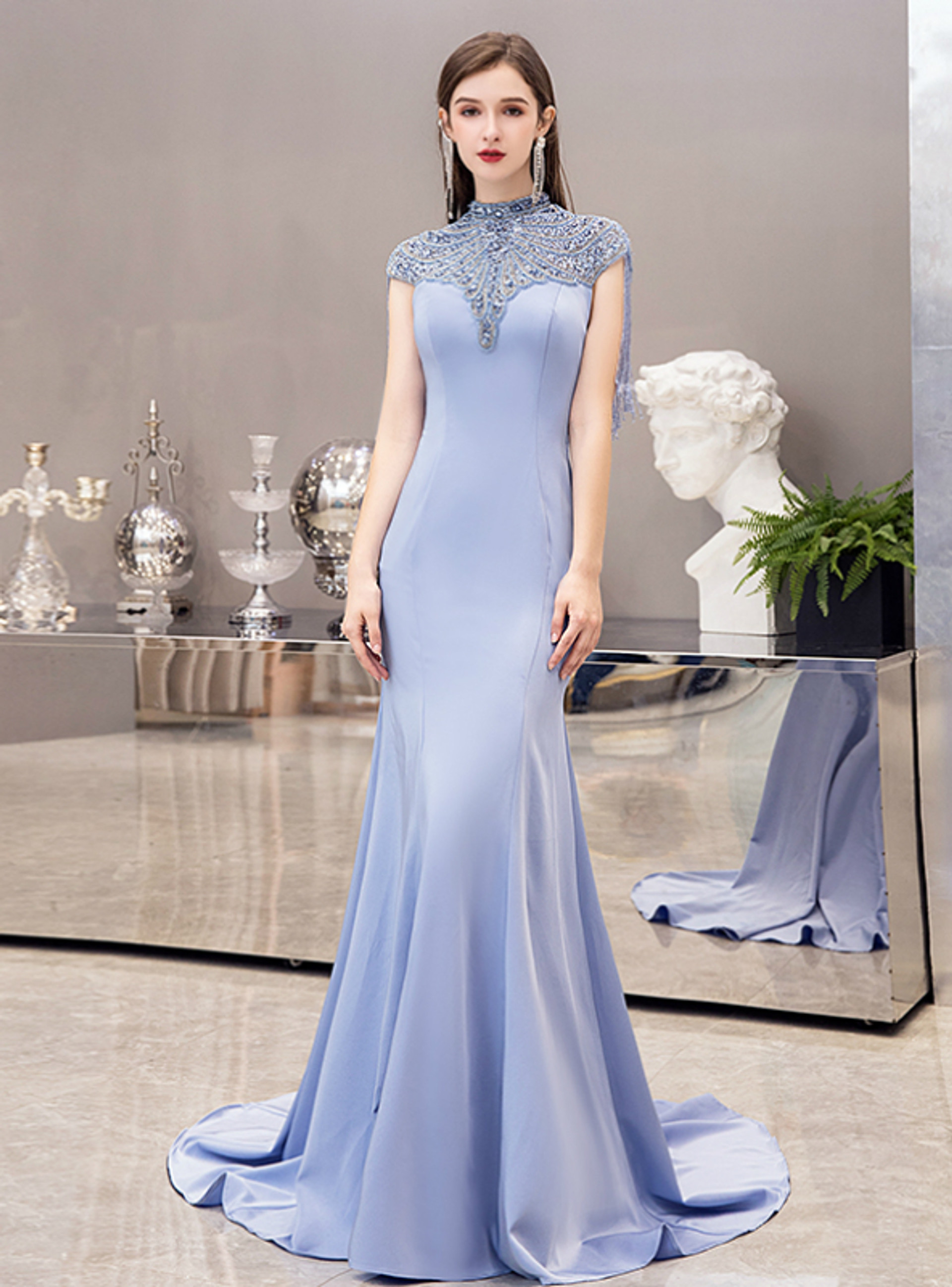 Gray Mermaid Satin Cap Sleeve High Neck Beading Prom Dress 9374