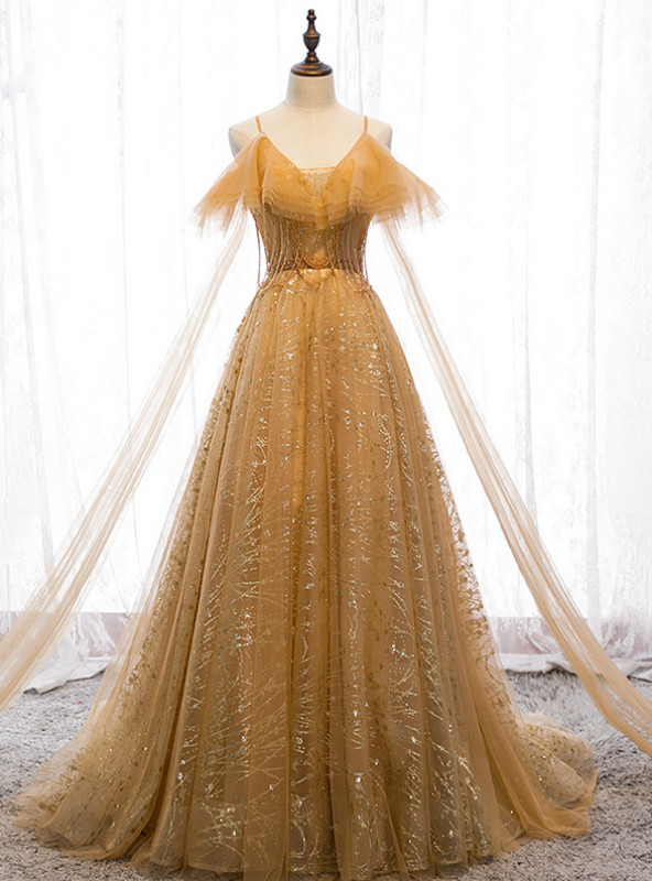 Gold Tulle Sequins Beading Sleeveless Evening Prom Dress main image 0
