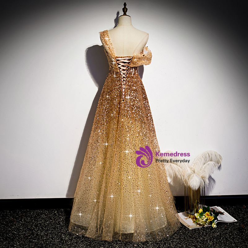 Charming Gold Sequins One Shoulder Appliques Side Slit Prom Dress