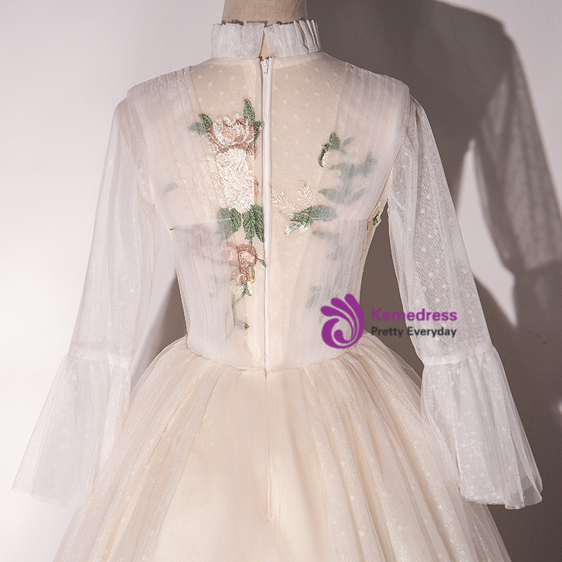 Champagne Tulle Square Neck Short Sleeve Flower Quinceanera Dress