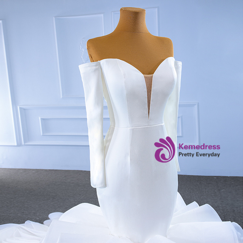 Chic Pretty Mermaid Satin Tulle Feather Short Sleeves Long Wedding Dresses C4155
