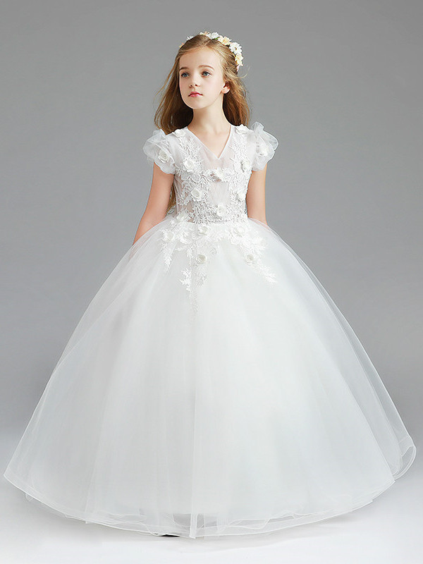In StockShip in 48 Hours Ivory And Green Tulle High neck Flower Girl Dress