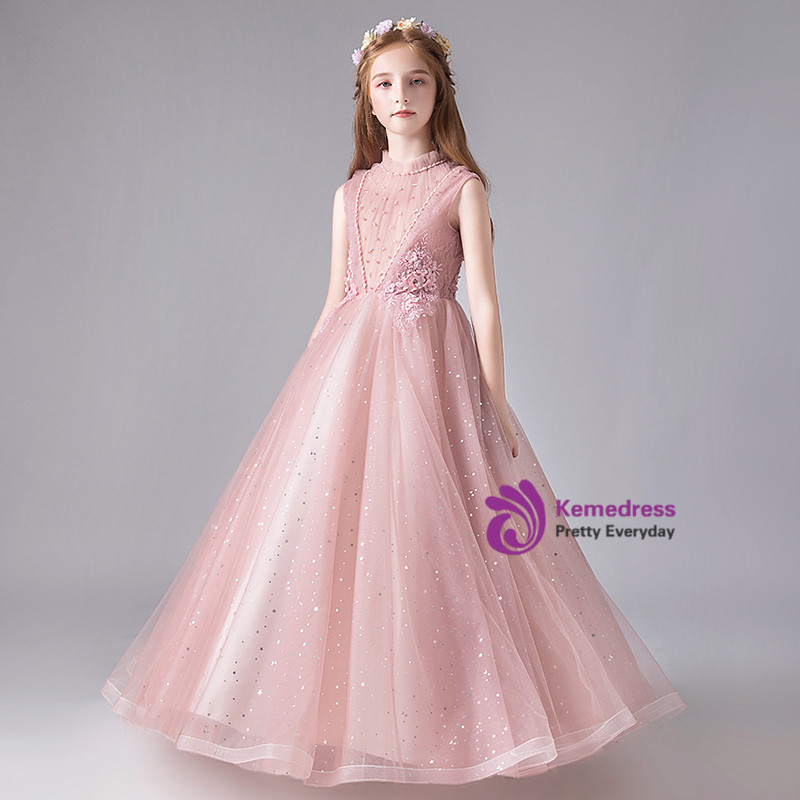 A-line Tulle Floor-length Pink Flower Girl Dress