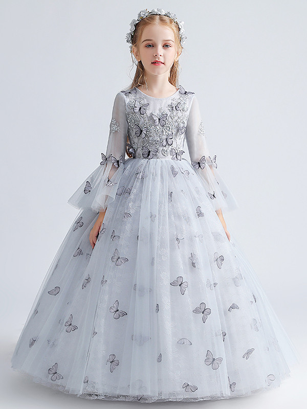 3D Butterflies Mauve Tulle Ruffles Wedding Flower Girl Dress Birthday Party
