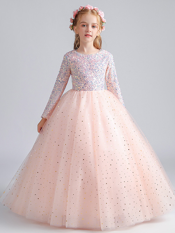 Round Neck Ruffled Lace Sleeve Tulle Flower Girl Dress Cute A-Line Gown with Satin Bow Waist