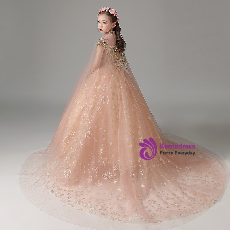 Pink Sequins Tulle High Neck Flower Girl Dress
