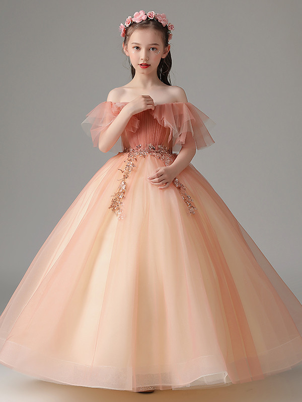 Off the Shoulder with Floral Appliques Tea Length Tulle Flower Girl Dress