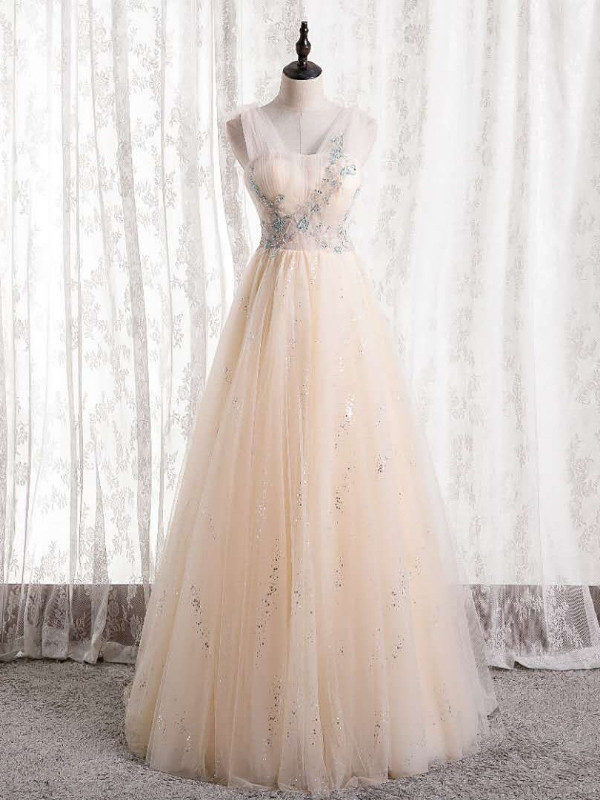 Sparkly Tulle Champagne A-Line Floral Sequin Prom Dress with Appliques