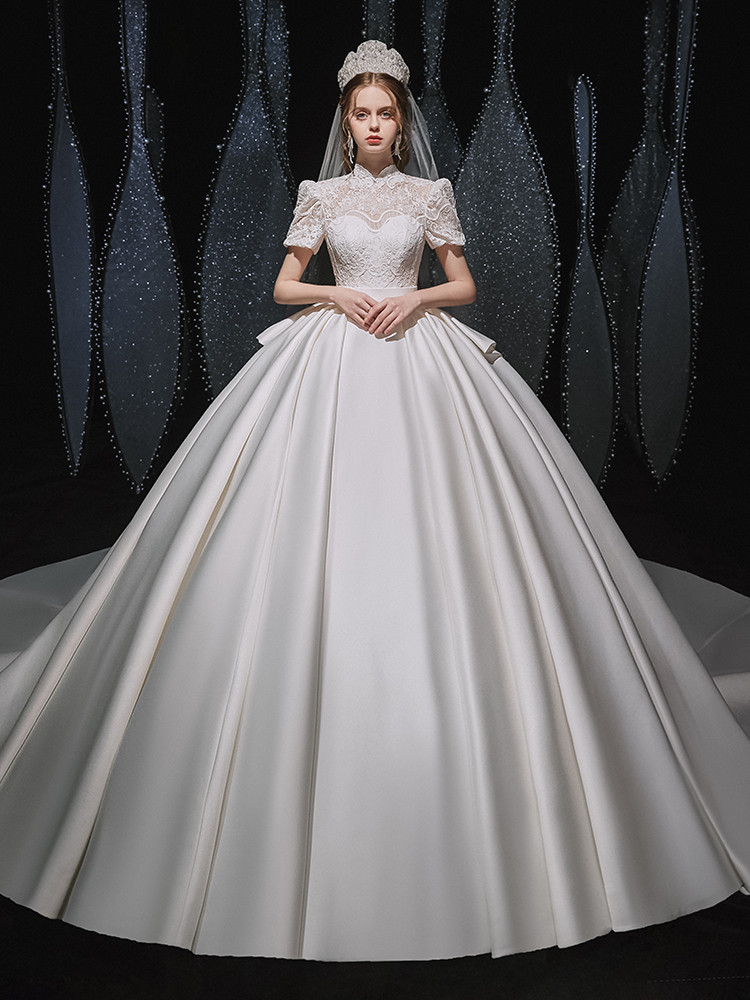 White Satin Lace O-Neck Button Back Sweep Train Long Sleeve Wedding Dress