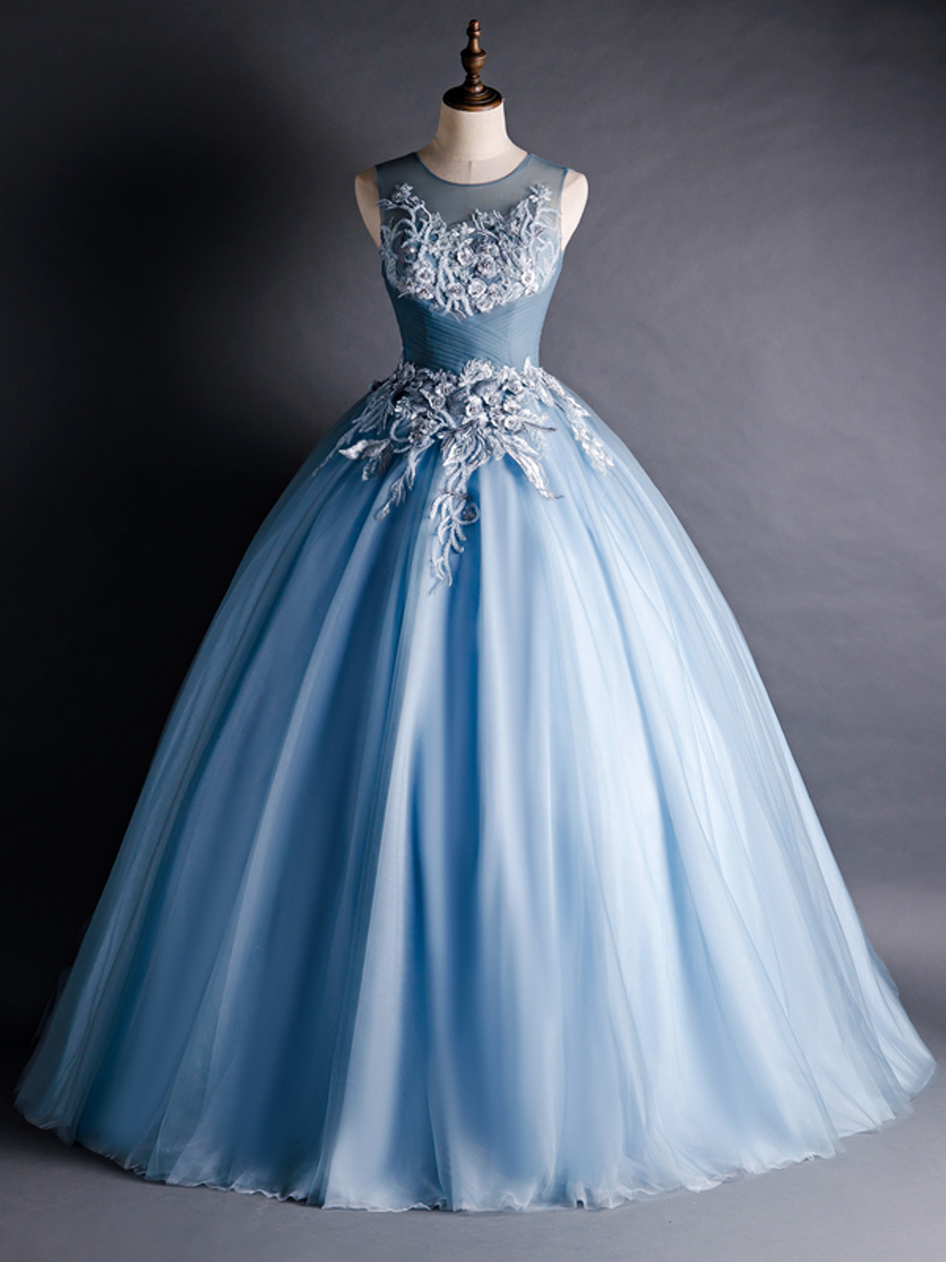 Blue Long Sleeve Tulle Pleats Beading Quinceanera Dresses