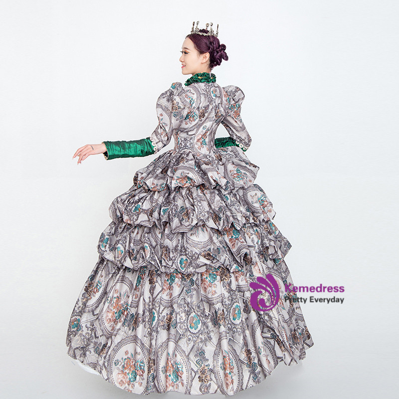 Gray Satin Print High Neck Long Sleeve Rococo Baroque Dress
