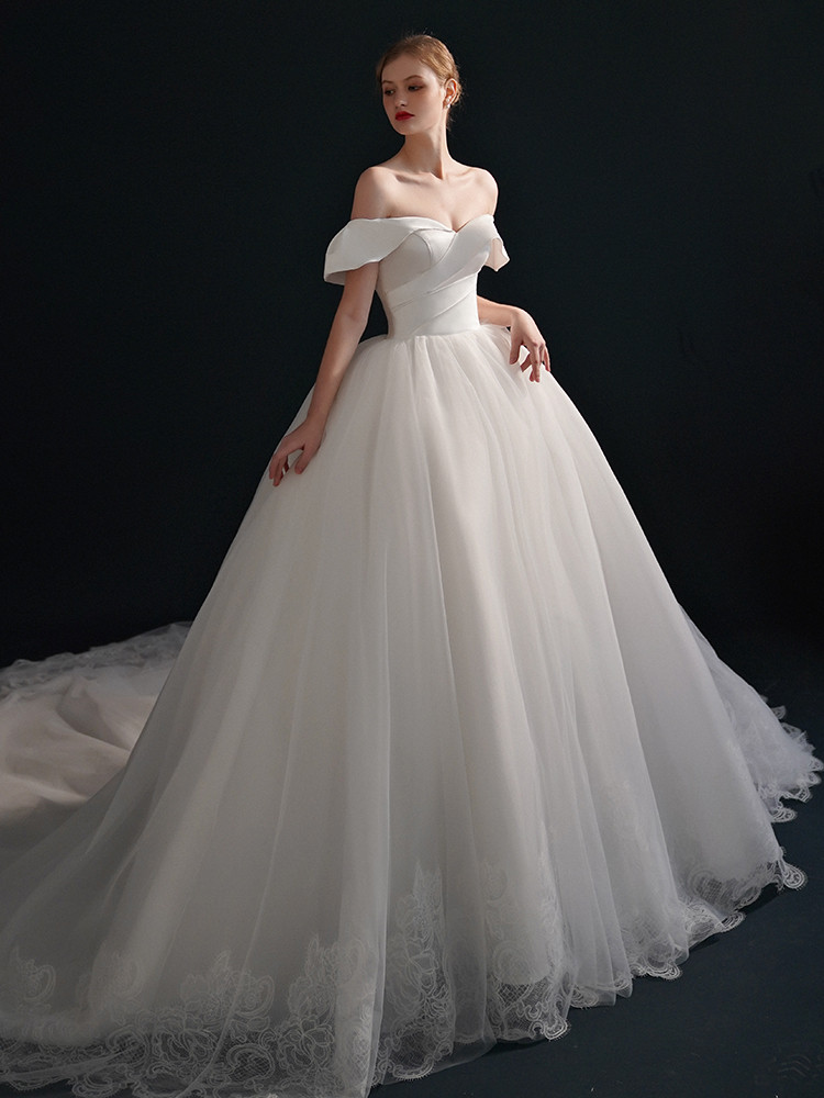 White Tulle with Flowers Long Off Shoulder Wedding Party Dress, White Formal Gowns