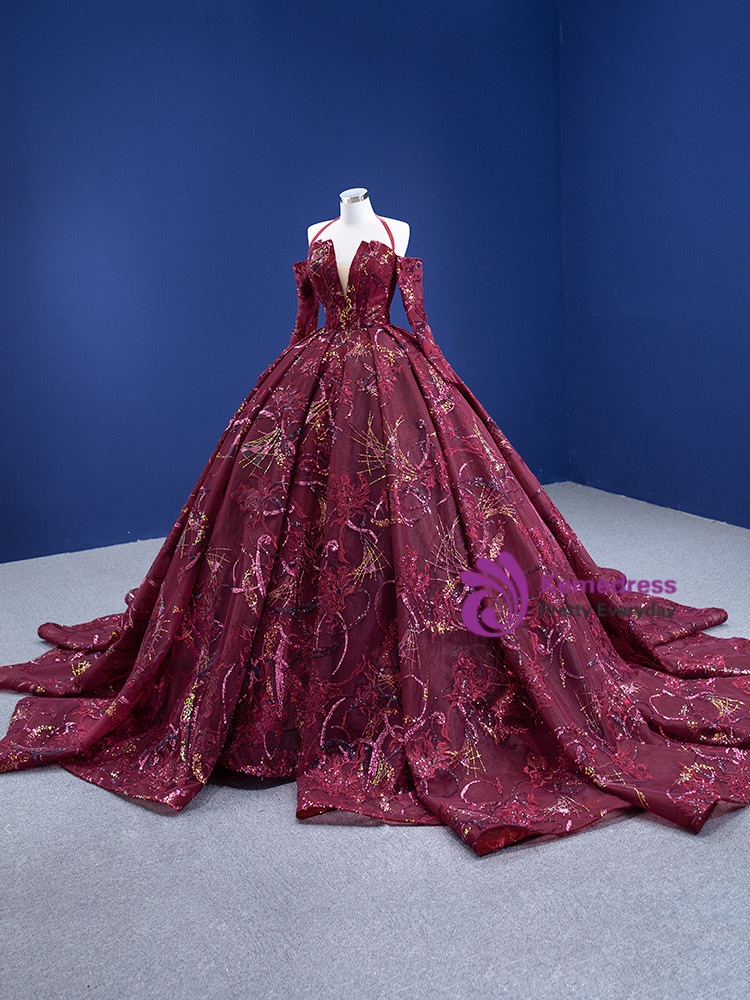 Ball Gown V Neck Burgundy Sequins Prom Dresses LBQ2393