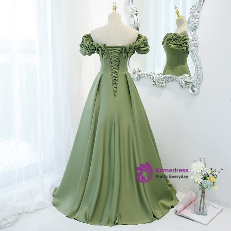 Avocado Green Satin Off the Shoulder Prom Dress