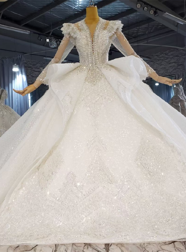 White Tulle Sequins High Neck Long Sleeve Wedding Dress main image 1